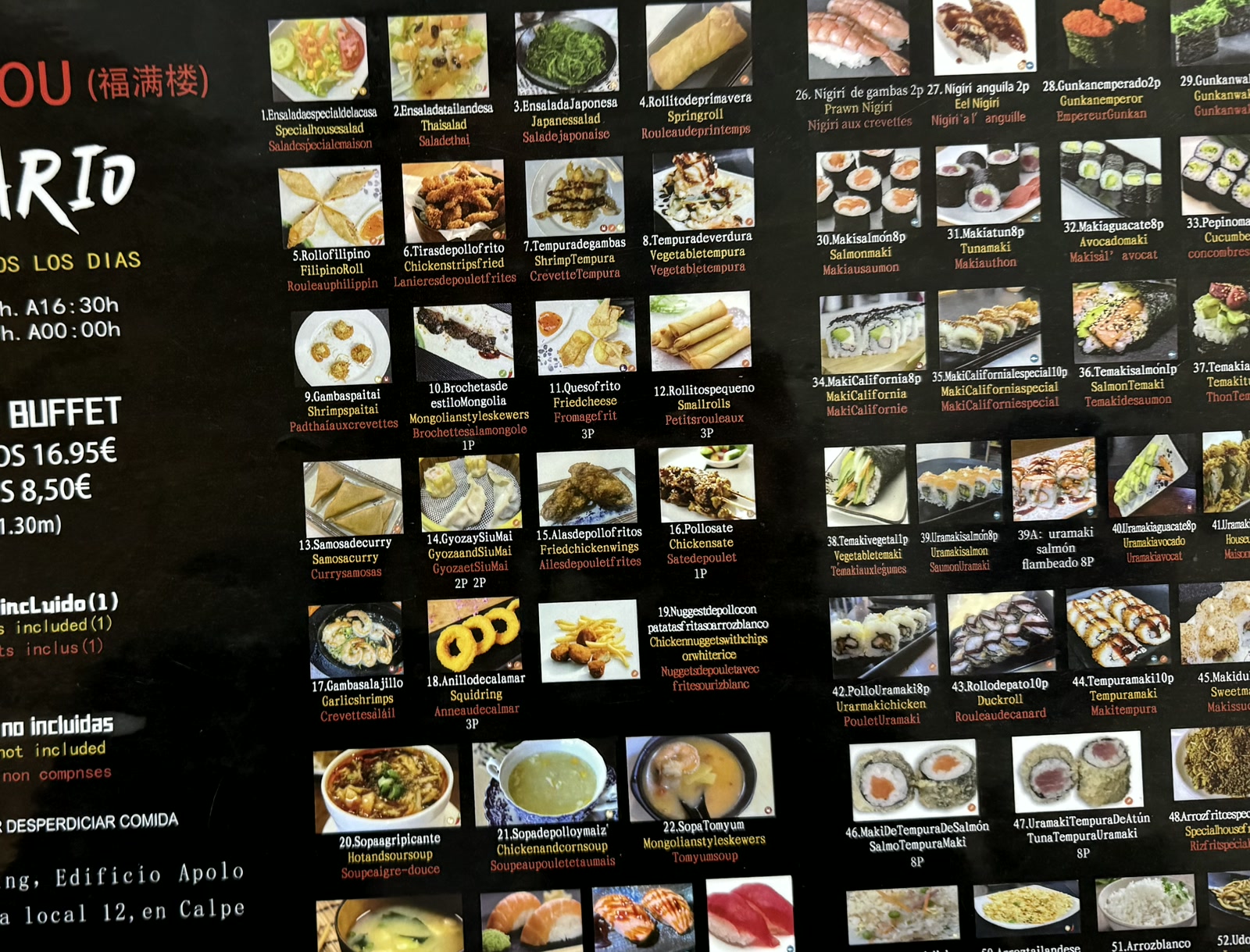 Carta buffet y horarios